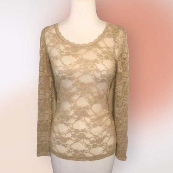 BOZZOLO Long Sleeve Scoop Neck Taupe Sheer Lace Fitted Top Tee Small - Picture 2 of 9